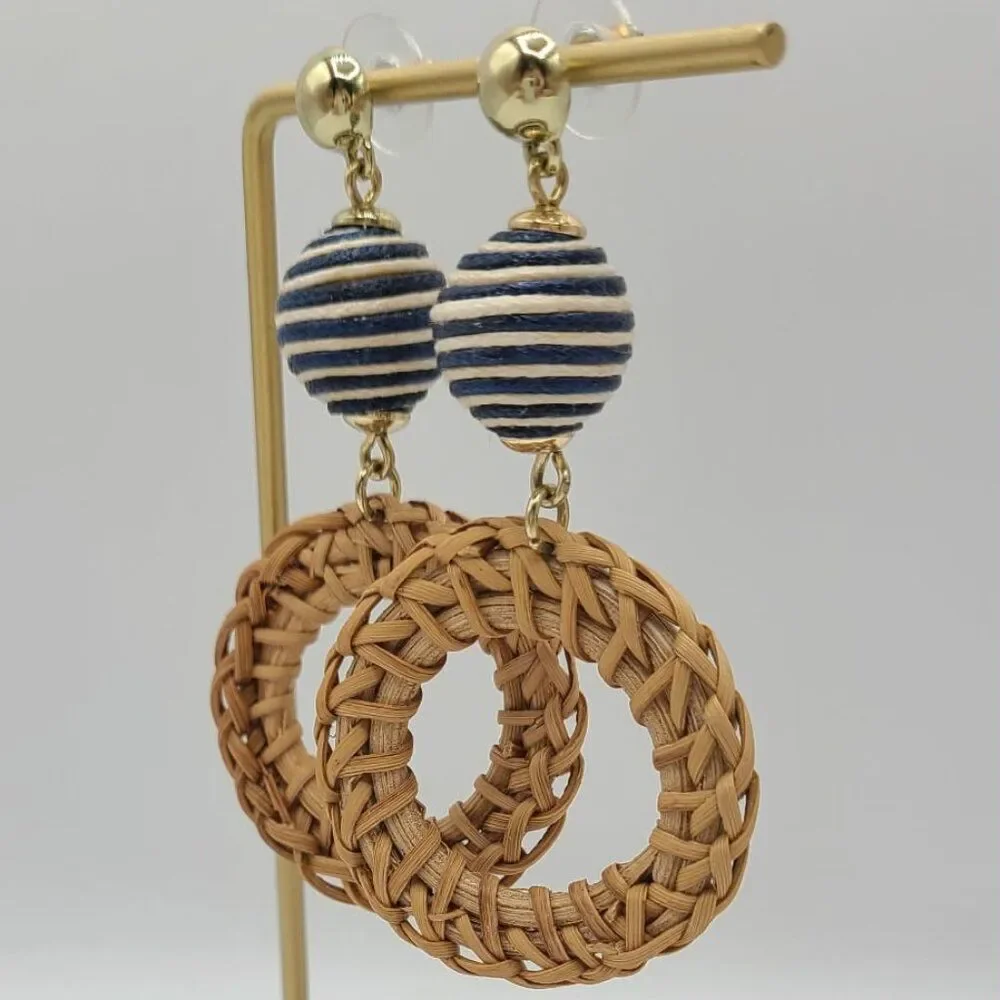 J Crew Rattan Circle Earrings with Blue White Beads Studs